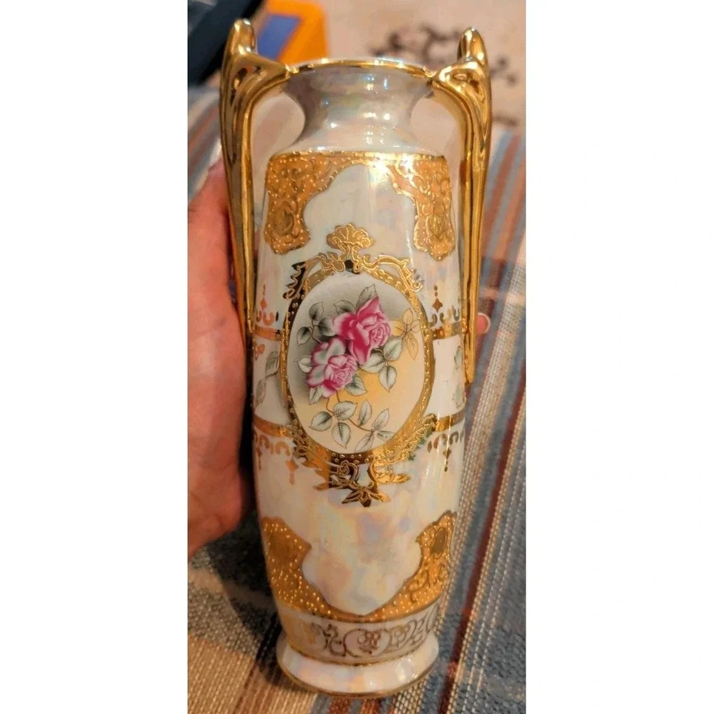 Vintage Floral Double Handle Porcelain Vase Gold Trim Iridescent Limoges China